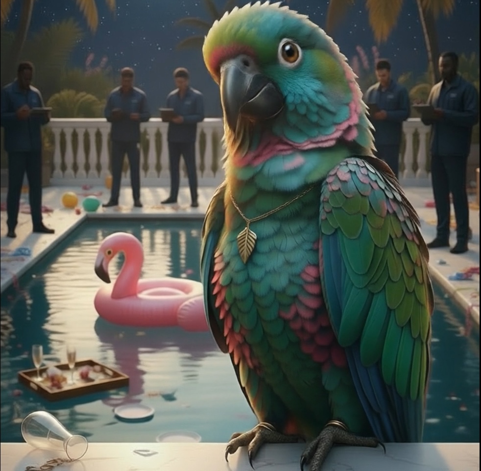 Camila de Favela parrot by the pool